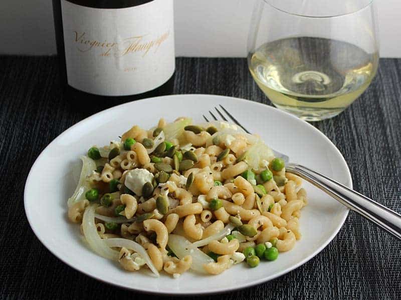 Viognier de Flaugergues wine paired with pasta, peas and feta cheese dish.