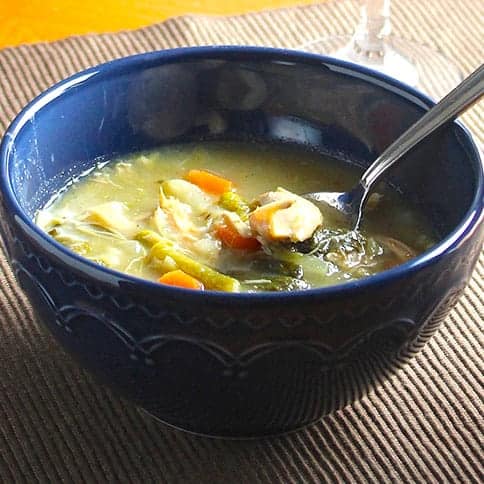 Hearty chicken stew made with homemade chicken stock.