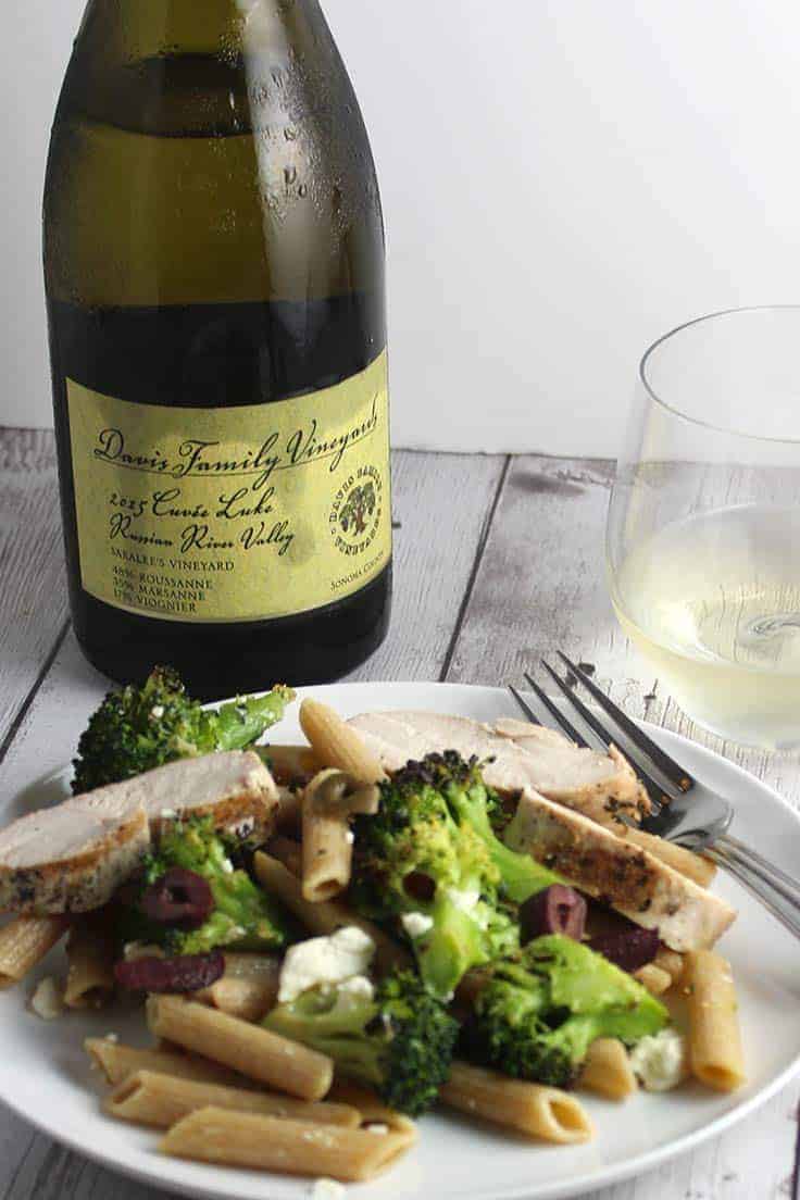 A white Rhone grape blend from Davis Family Vineyards pairs well with Grilled Chicken Broccoli and Garlic Penne.