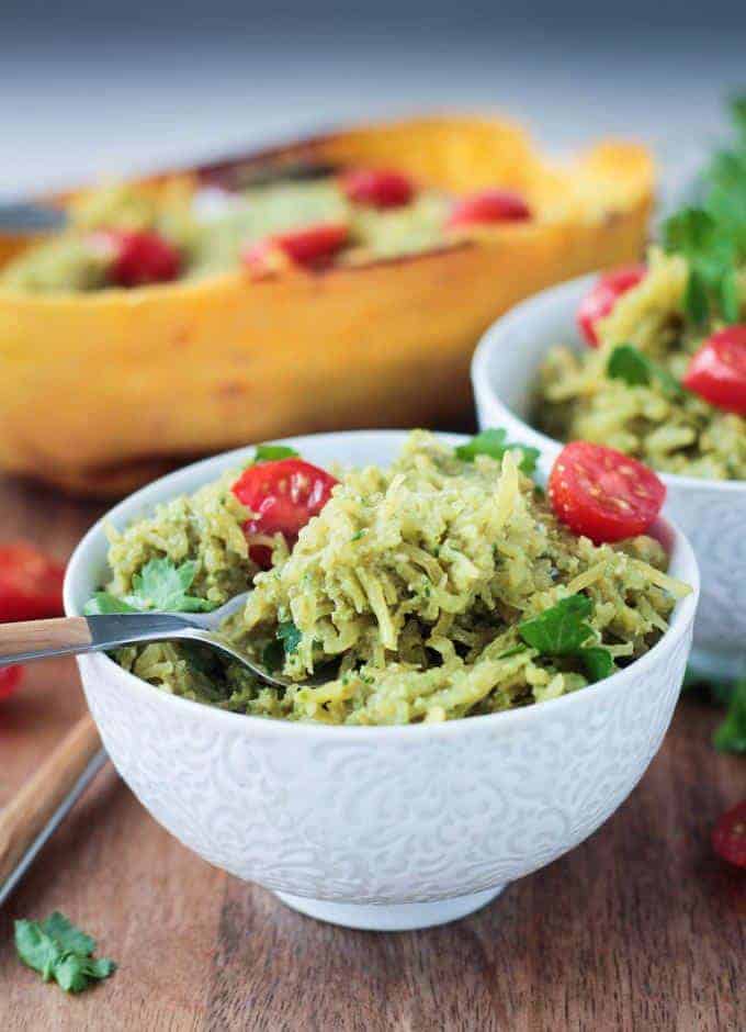 Pesto Spaghetti Squash from Veggie Inspired, featured in kale pesto roundup.