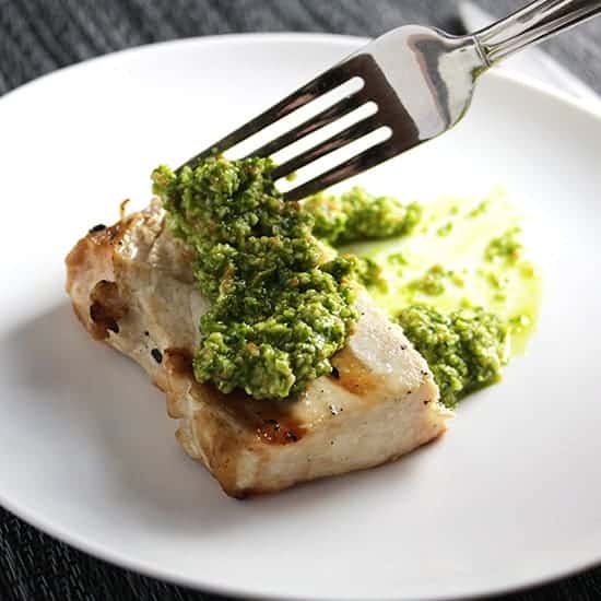 grilled swordfish with kale pesto