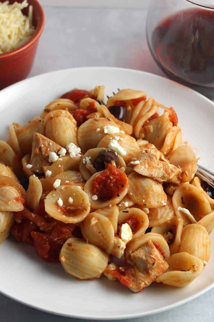 pasta leftover chicken sauce on a plate.