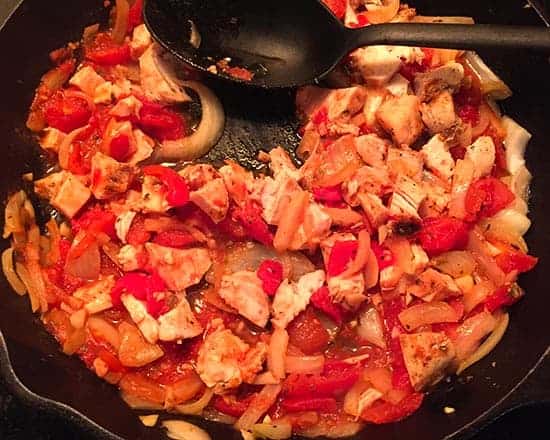 leftover chicken added to skillet with onions and tomatoes to make pasta sauce.