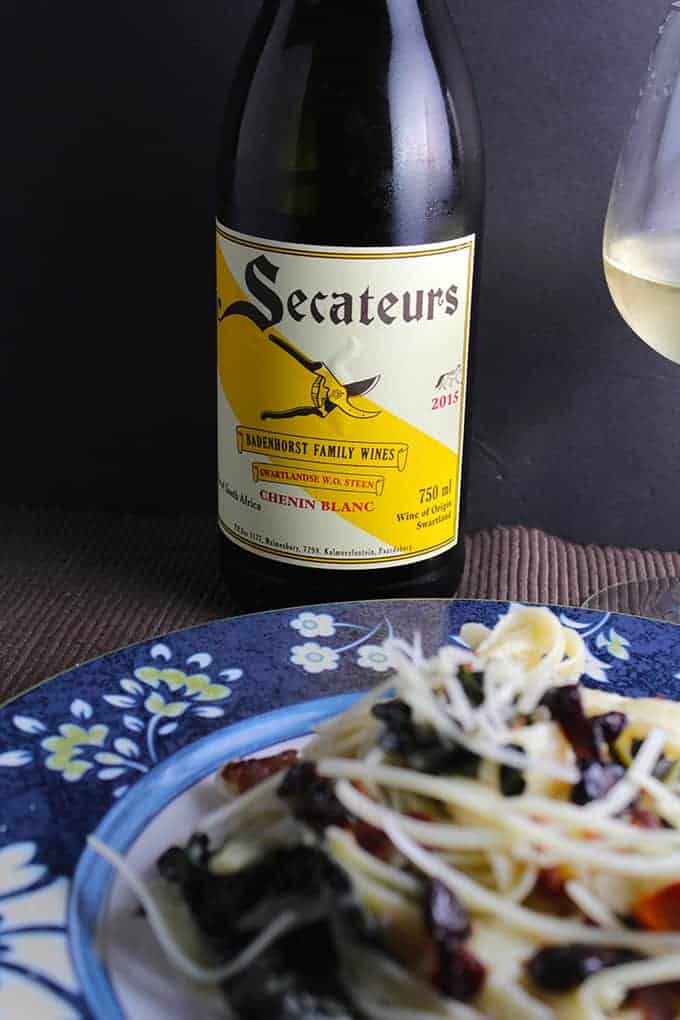 Secateurs Chenin Blanc from South Africa has nice lemon fruit, a touch of honey and good minerality. A good value wine, paired with a Cooking Chat pasta dish.