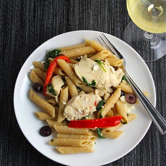 Mediterranean Chicken Pasta with Spinach and Red Peppers recipe.
