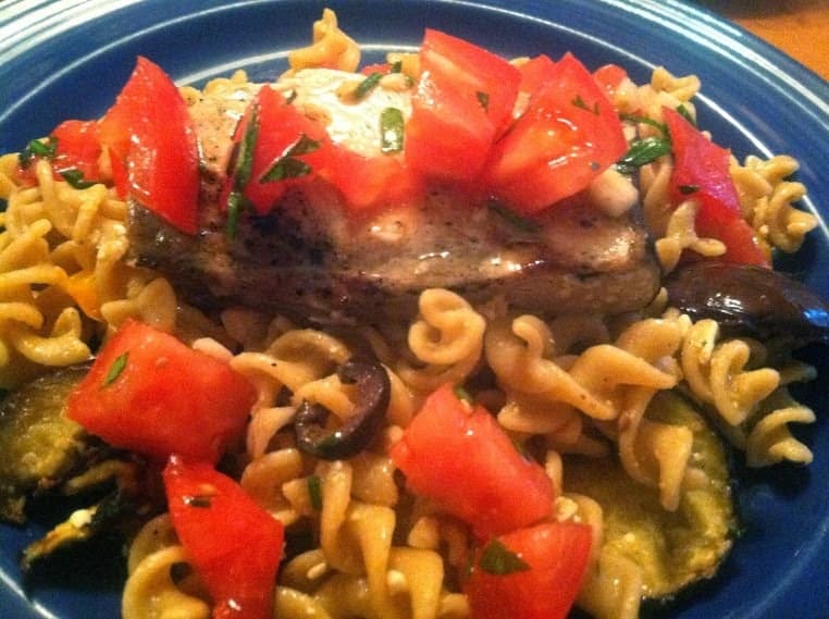 Grilled Swordfish and Eggplant with Fusilli and Tomatoes. Cooking Chat #SundaySupper recipe