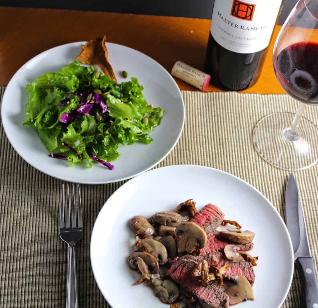 Roasted Sirloin Steak with Chanterelle Mushrooms and a Halter Ranch Cabernet Sauvignon. Cooking Chat recipe.