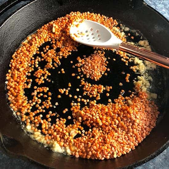 red lentils in a skillet.