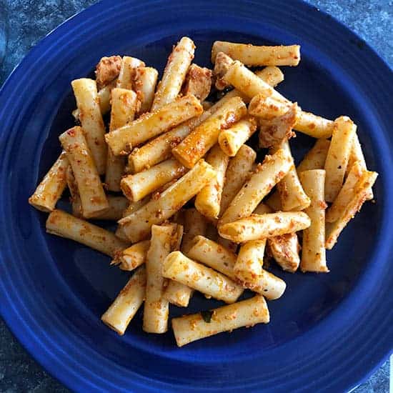 muhamarra tossed with pasta.