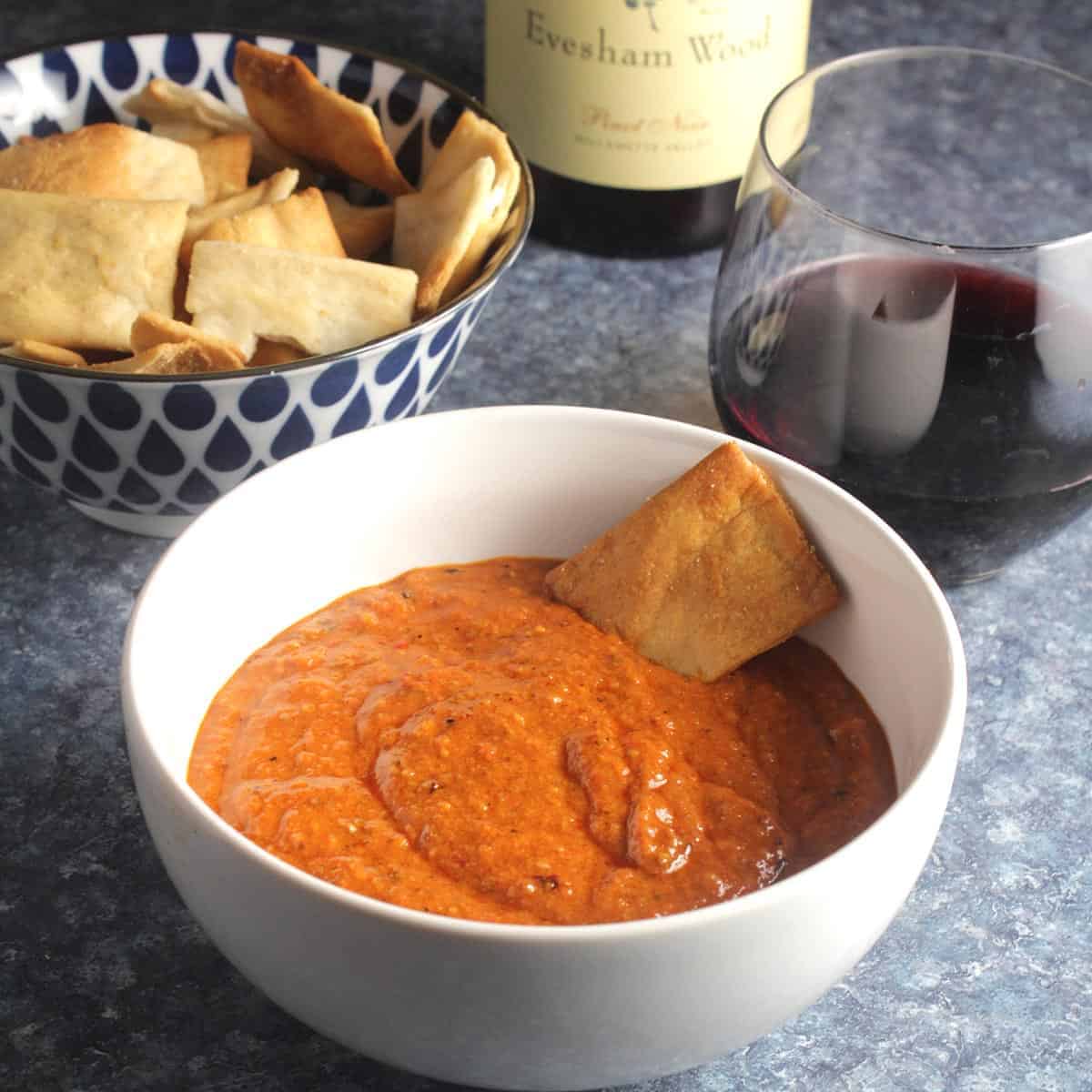 Muhammara spicy red pepper dip paired with Pinot Noir.
