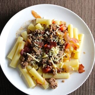 Bolognese sauce with crispy prosciutto.