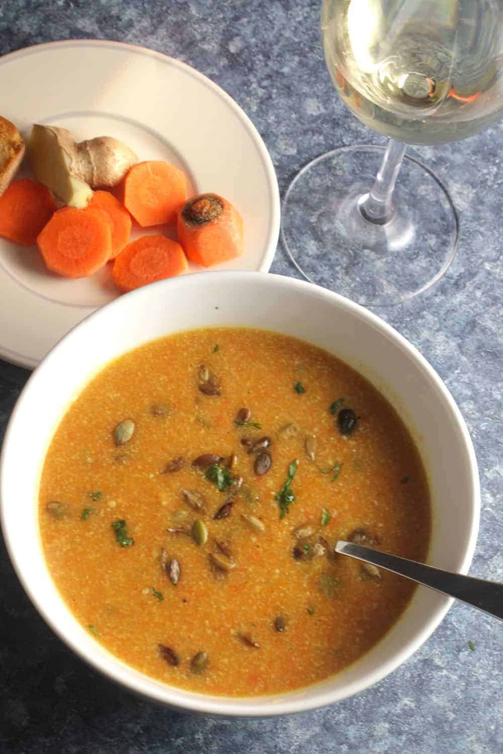 bowl of carrot ginger soup with white wine.