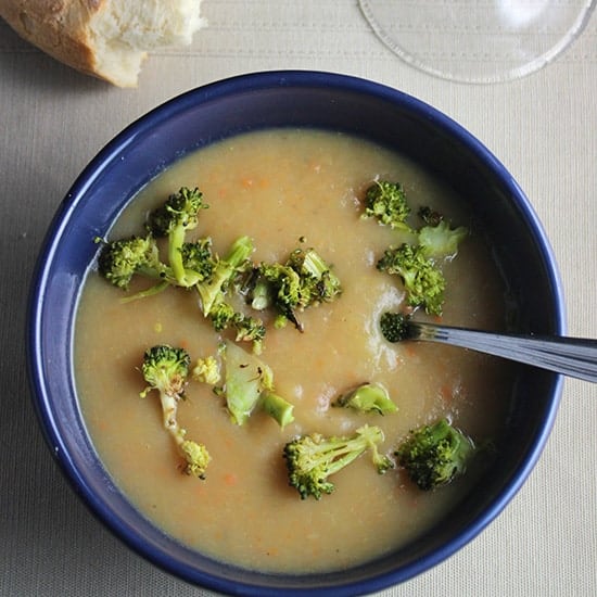 potato leek soup with roasted broccoli