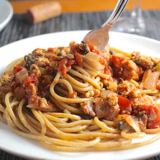 Linguine with Meatless Meat Sauce. Vegan recipe from Cooking Chat.