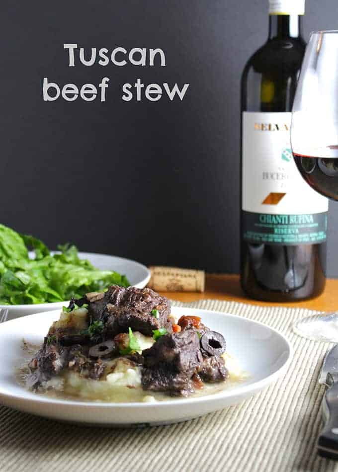 Tuscan beef stew slowly simmers in red wine for a hearty dinner. Great recipe, event better with a nice Chianti!