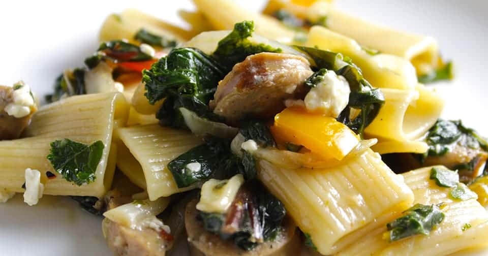 Rigatoni with Chicken Sausage and Greens, from Collards and Kale Cookbook.