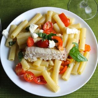 Grilled Swordfish Pasta Margherita, included in Cooking Chat great grilled fish recipe roundup.