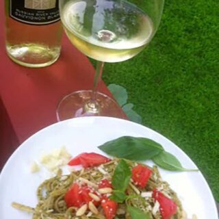 Linguine with Basil Pesto with a Sauvignon Blanc, a Cooking Chat summer wine pairing.
