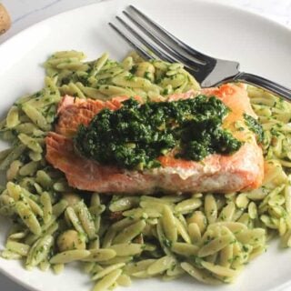 salmon served with pesto and orzo