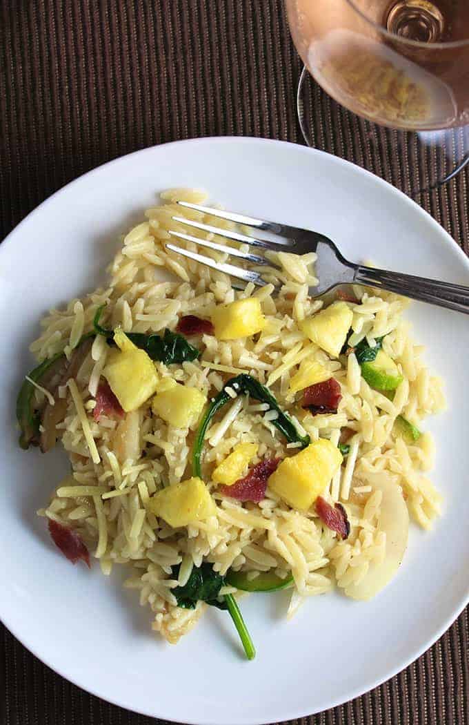 Veggie Orzo with Bacon and Pineapple recipe, served with a rosé .
