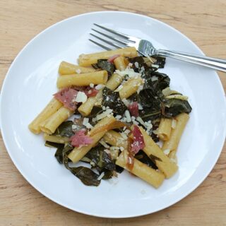 ziti with bacon and greens.