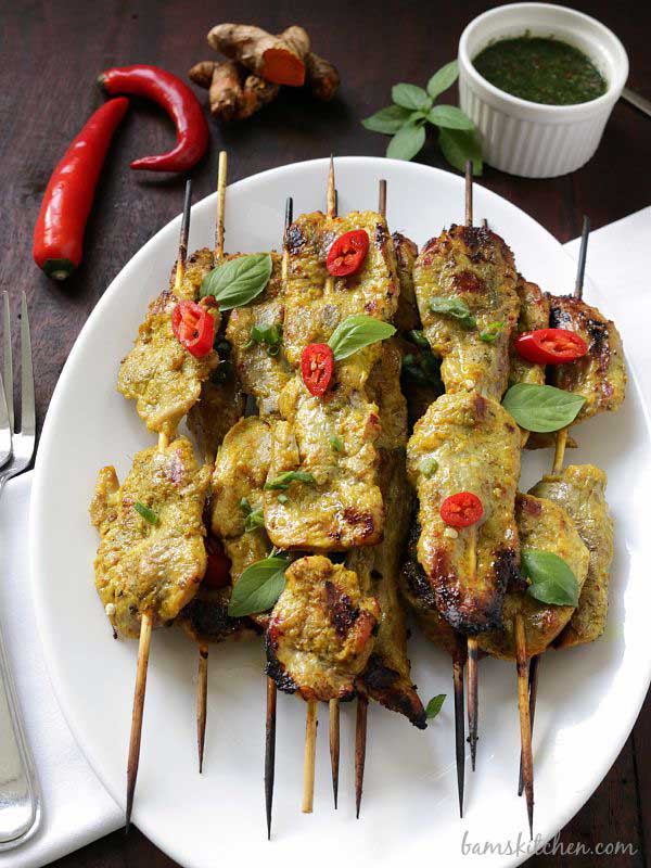 Turmeric Pork Skewers from Bam's Kitchen for Labor Day Grilling recipe roundup.
