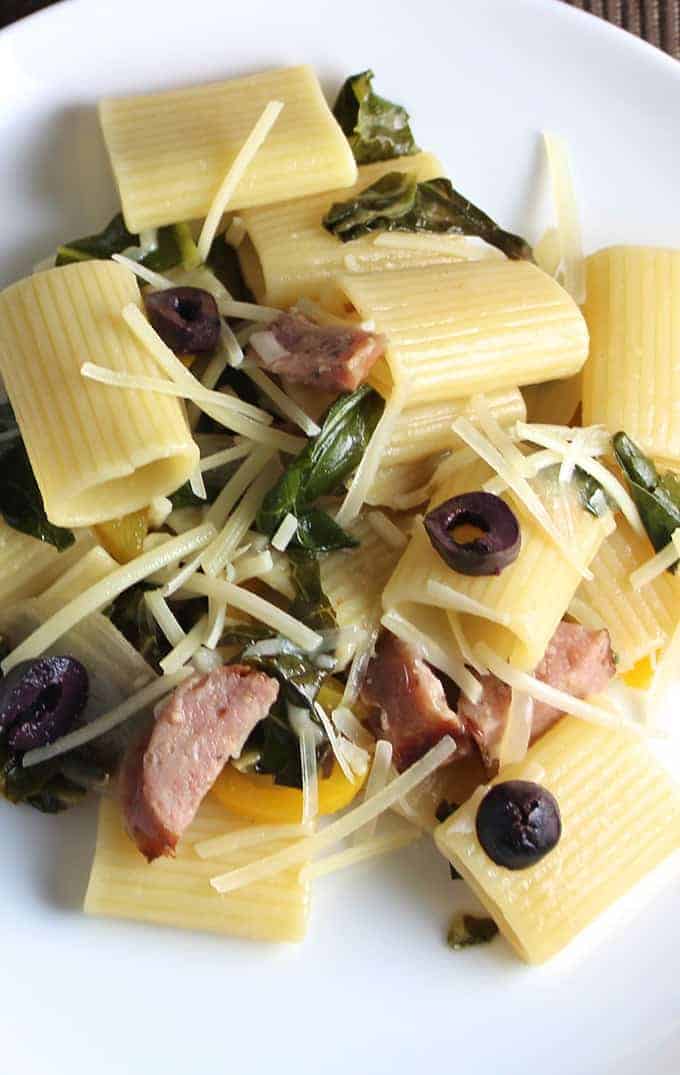 Rigatoni with Collard Greens and Sausage for a flavorful pasta meal featuring healthy greens | cookingchatfood.com