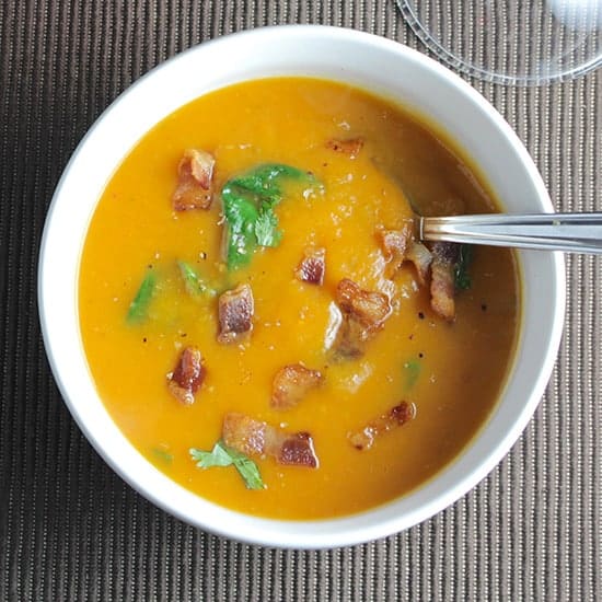 Sweet Potato Soup with Bacon, a touch of spice to go along with sweet potato and savory bacon. A great warming #SundaySupper! | cookingchatfood.com