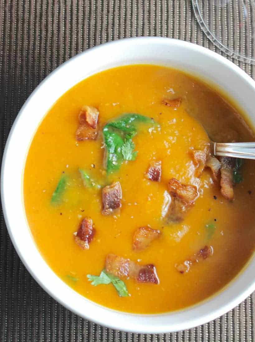 Sweet Potato Soup with Bacon: a touch of spice to go with the sweet potatoes and savory bacon. A warming #SundaySupper. | cookingchatfood.com