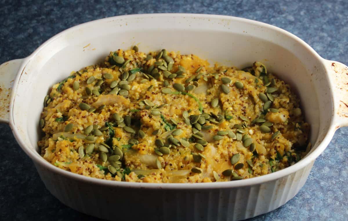 butternut squash quinoa casserole in baking dish