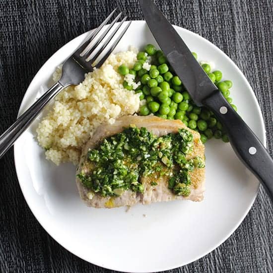 Cilantro Pesto Pork Chops recipe, easy to make for a weeknight meal.