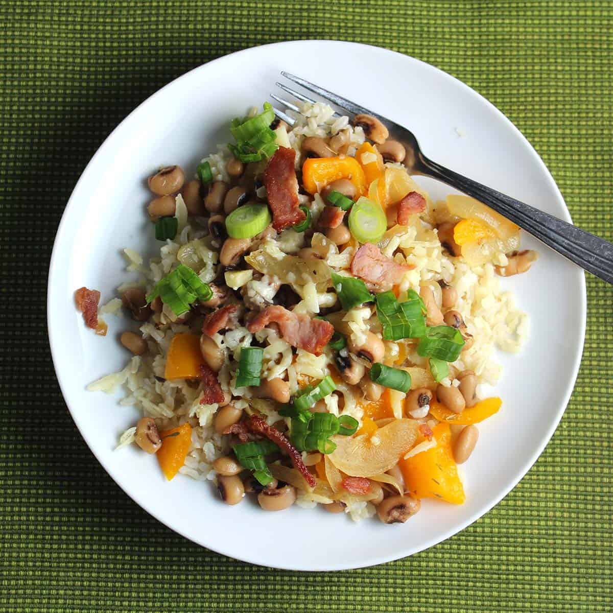 hoppin' john on a white plate.