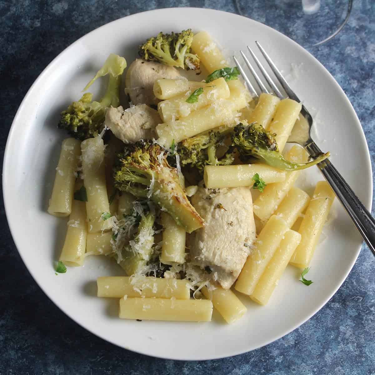 lightened chicken broccoli ziti pasta, plated.