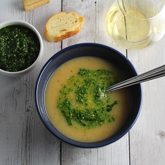 potato soup with kale pesto is a simple and healthy meal.