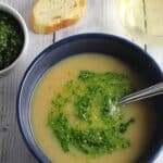 Potato Soup with Kale Pesto is a tasty and healthy vegetarian soup recipe to warm you on a cold night.