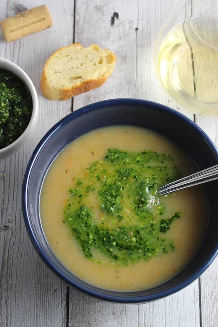Potato Soup with Kale Pesto is a tasty and healthy vegetarian soup recipe to warm you on a cold night.
