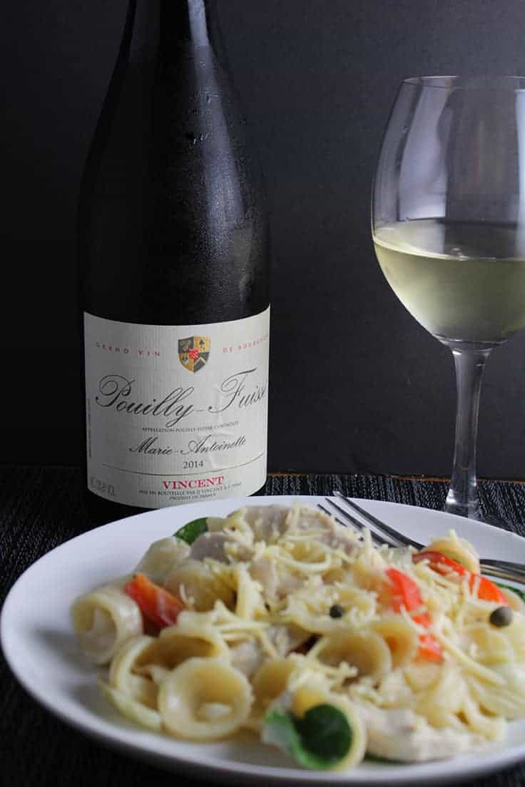 Pouilly-Fuissé wine pairs well with a creamy goat cheese pasta and chicken recipe. 