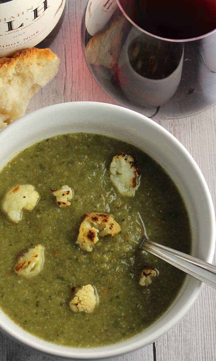 Roasted Cauliflower Kale Soup recipe, delicious paired with a Pinot Noir!