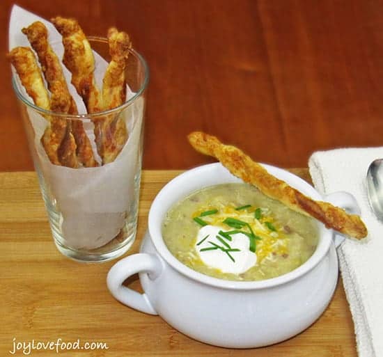 Irish Colcannon Soup with Cheddar Straws, picked for Irish food roundup.