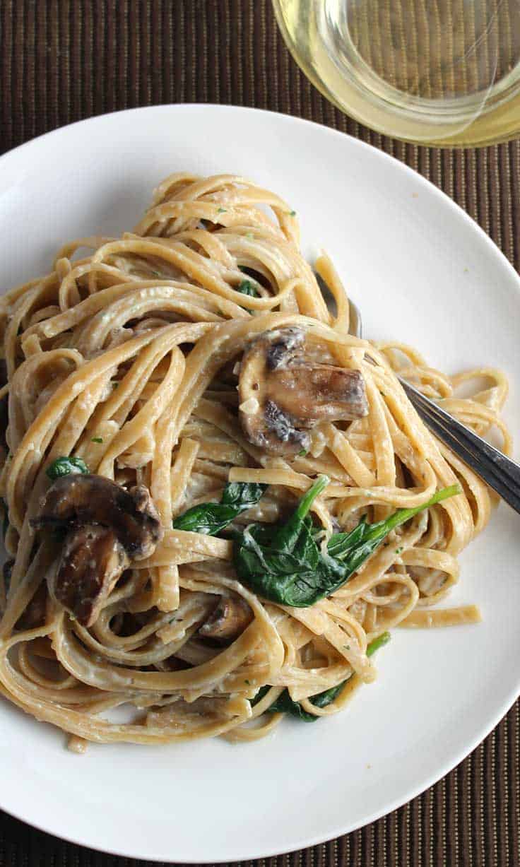 Lightened Creamy Mushroom Linguine with Spinach - Cooking Chat