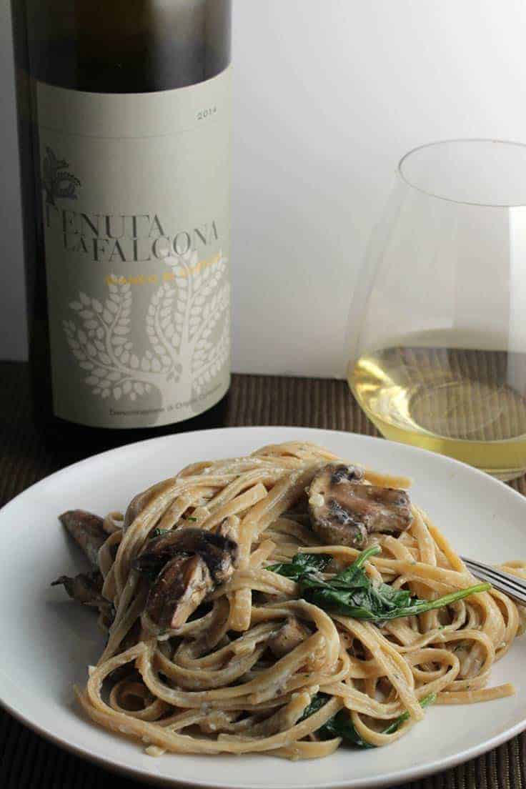 Tenuta La Falcona white wine paired with creamy pasta recipe.