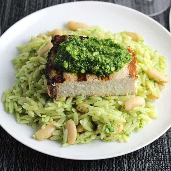 Orzo with Grilled Swordfish and Kale Pesto