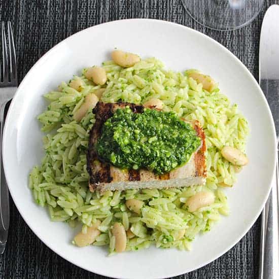orzo with grilled swordfish and kale pesto