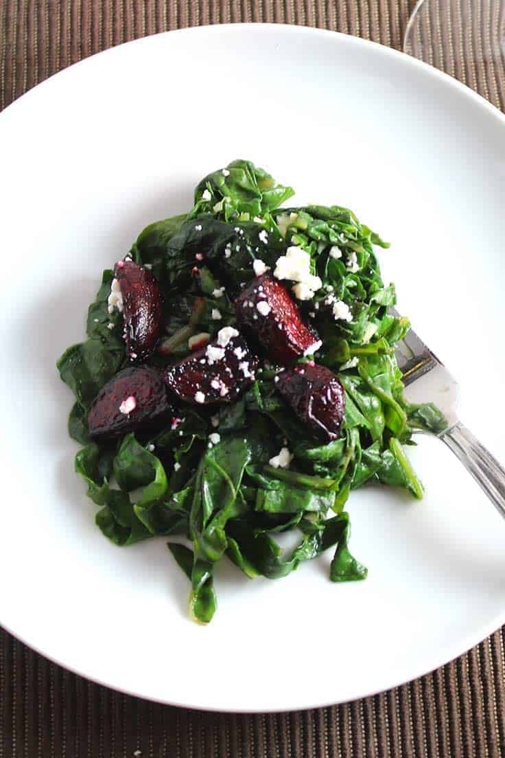 grilled beets and chard on a plate.