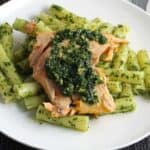 arctic char with kale pesto served with pasta