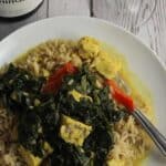 Kale and Tempeh Curry, a tasty vegan recipe, pairs well with a Grüner Veltliner wine.