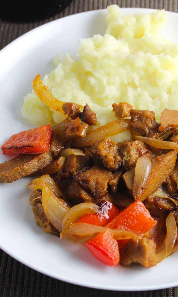 Seitan Skillet with Peppers and Onion is an easy and tasty vegan recipe.