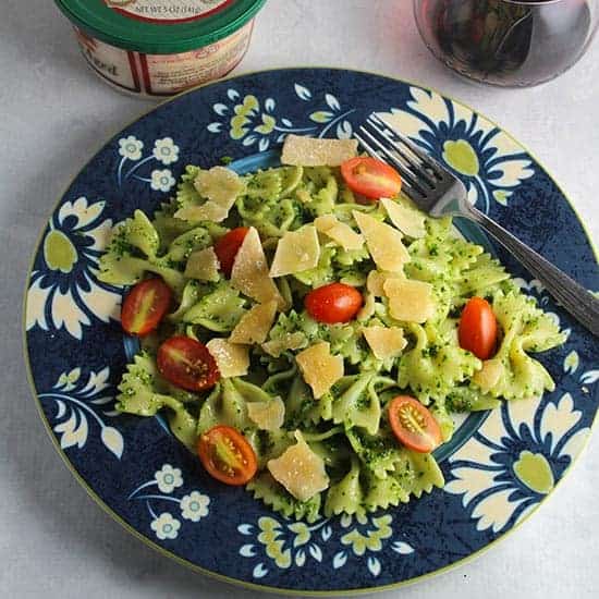 bow tie pasta with kale pesto and Stella asiago cheese.