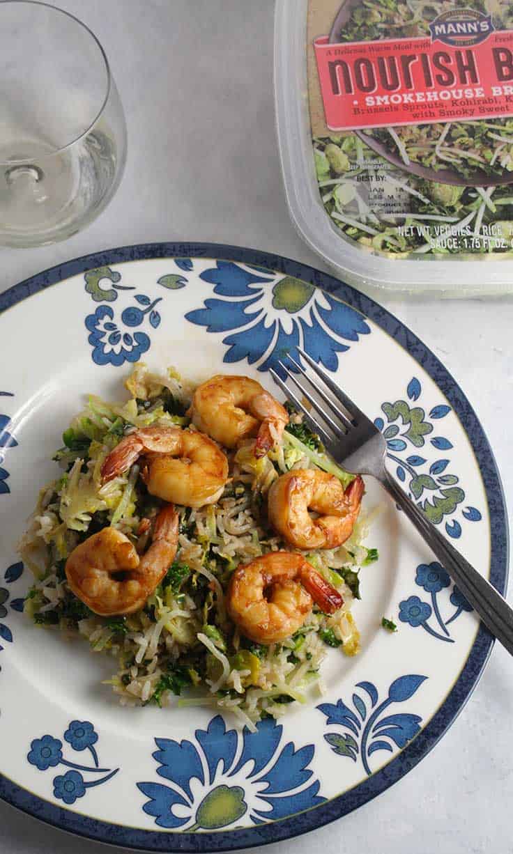 Smokehouse Brussels Sprouts with Shrimp, @veggiesmadeeasy by starting with Mann's Nourish Bowls! #SundaySupper #Nourish2Flourish