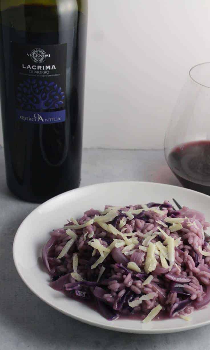 red cabbage risotto with an red wine from Italy.